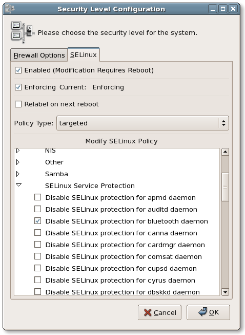 system-config-securitylevel SELinux tab