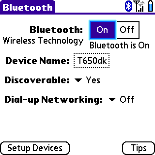 Treo 650 Bluetooth now turned on