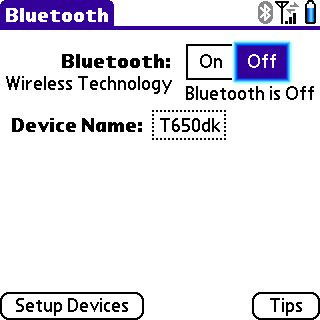 Treo 650 initial Bluetooth screen