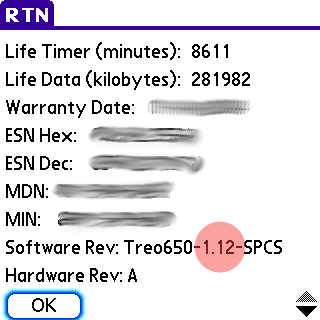 Treo 650 software version screen